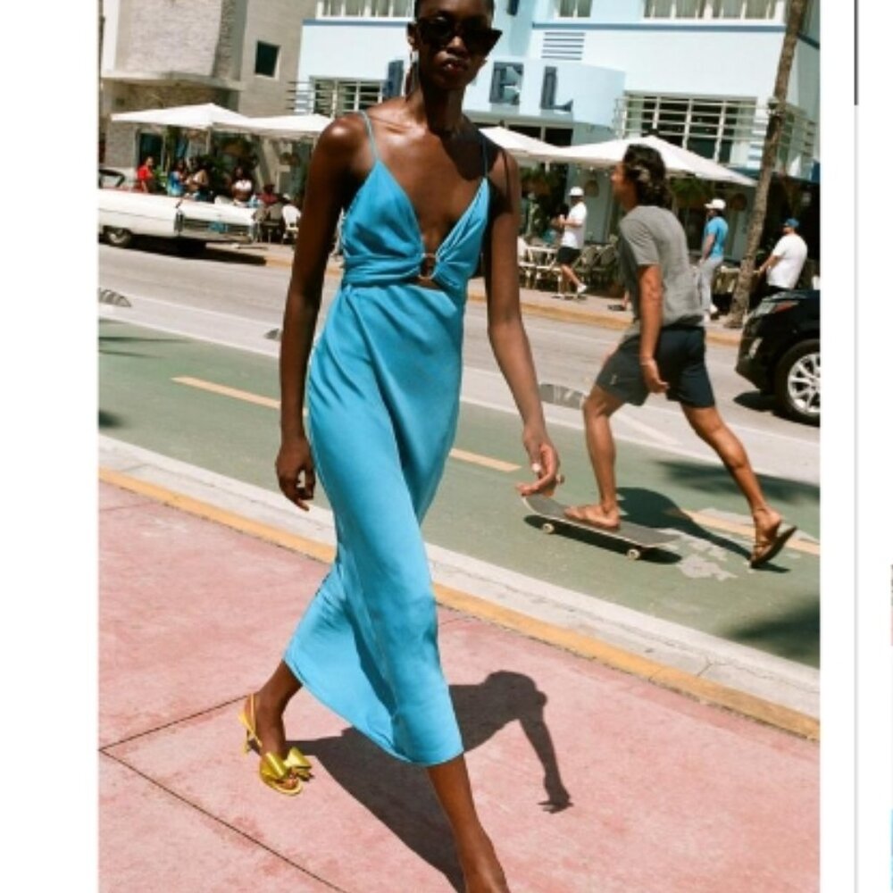 NWT BLUE Turquoise  SATIN EFFECT CUT OUT MIDI DRESS